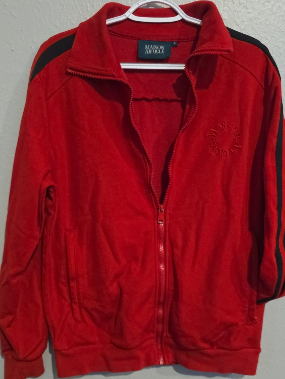 Maison Article Men’s Red Varsity Zip Jacket with Black Shoulder Stripe